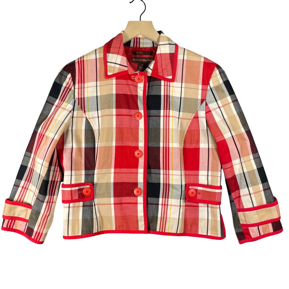 Bandolino Women's Blazer Jacket Size 8 Red Plaid Stretch Button Front Pockets
